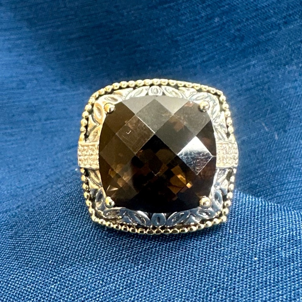 Artisan Bali Style 14K Yellow Gold Sterling Silver Faceted Smoky Quartz Ring; 8